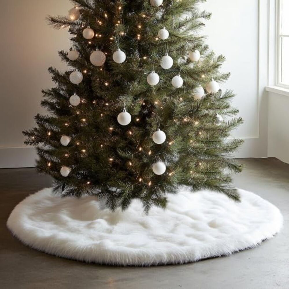 48 Inch Faux Fur Christmas Tree Skirt White Plush Skirt for Merry Christmas Part